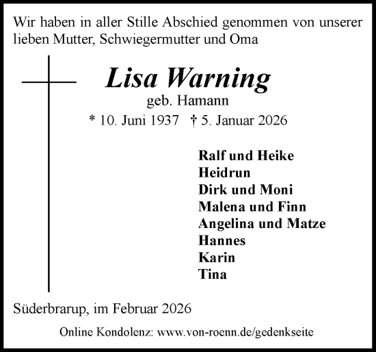 Traueranzeige von Lisa Warning von Schleswiger Nachrichten, Schlei-Bote