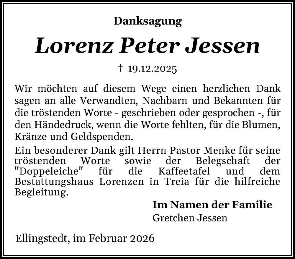  Traueranzeige für Lorenz Peter Jessen vom 21.02.2026 aus Schleswiger Nachrichten, Schlei-Bote