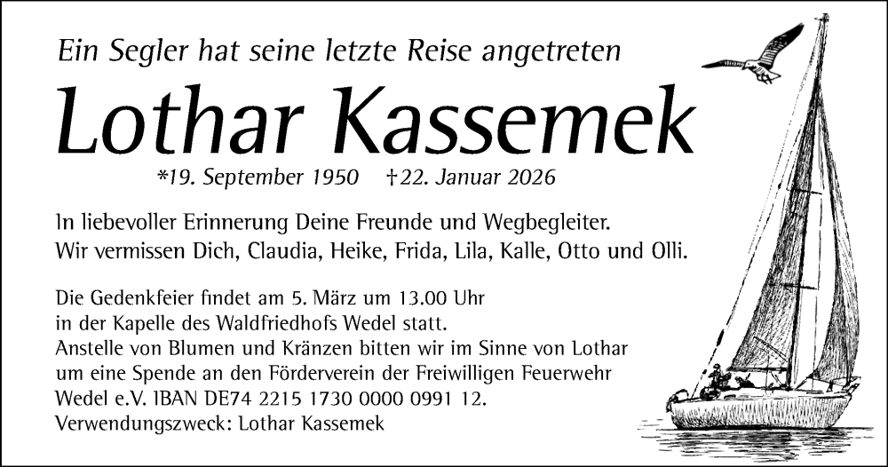  Traueranzeige für Lothar Kassemek vom 21.02.2026 aus Wedel-Schulauer Tageblatt, tip Wedel-Schulauer Tageblatt, tip Rissener Rundschau