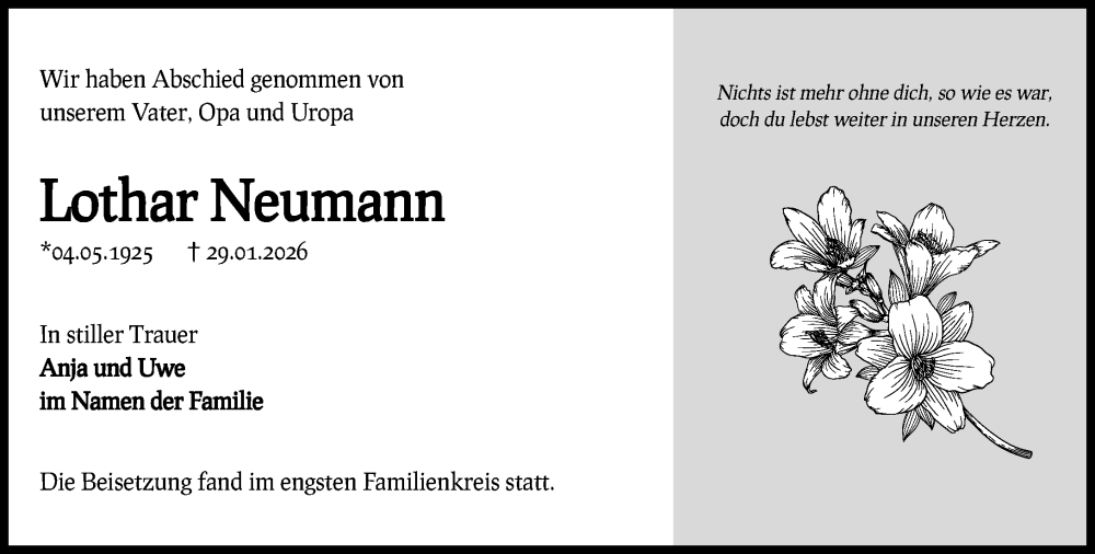  Traueranzeige für Lothar Neumann vom 21.02.2026 aus MARKT Ratzeburg/Mölln