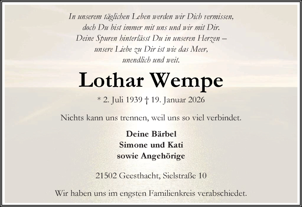  Traueranzeige für Lothar Wempe vom 21.02.2026 aus Wochenend Anzeiger