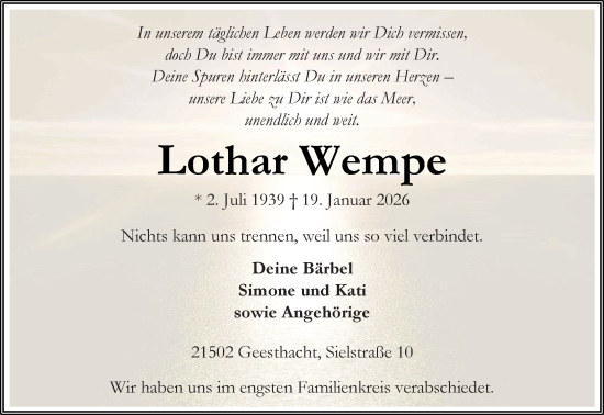Traueranzeige von Lothar Wempe von Wochenend Anzeiger