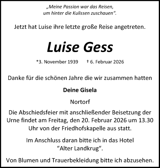 Traueranzeige von Luise Gess von Schleswig-Holsteinische Landeszeitung