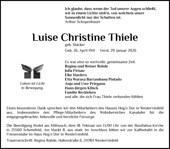 Traueranzeige von Luise Christine Thiele von Schleswig-Holsteinische Landeszeitung