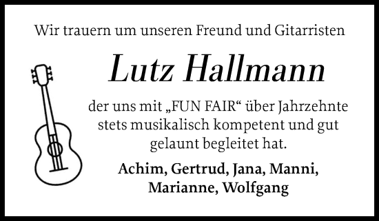 Traueranzeige von Lutz Hallmann von Norddeutsche Rundschau, Wilstersche Zeitung, Glückstädter Fortuna