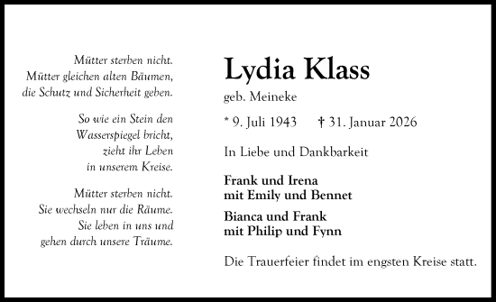 Traueranzeige von Lydia Klass von Ostholsteiner Anzeiger