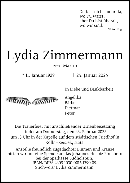 Traueranzeige von Lydia Zimmermann von Elmshorner Nachrichten, Barmstedter Zeitung