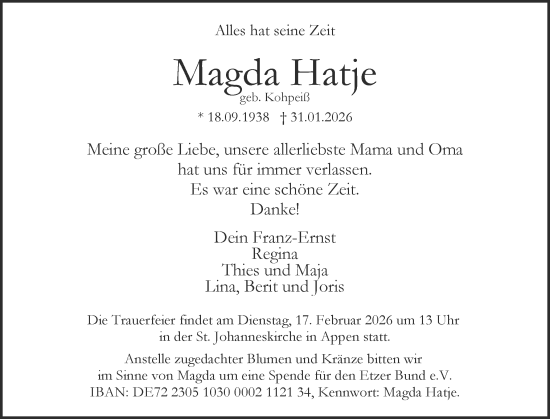 Traueranzeige von Magda Hatje von Region Pinneberg und tip Pinneberg