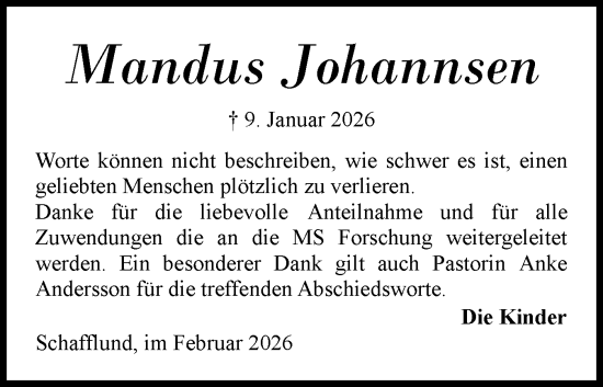 Traueranzeige von Mandus Johannsen von Region Flensburg