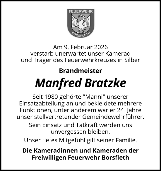 Traueranzeige von Manfred Bratzke von Norddeutsche Rundschau, Wilstersche Zeitung, Glückstädter Fortuna