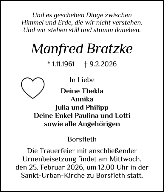 Traueranzeige von Manfred Bratzke von Norddeutsche Rundschau, Wilstersche Zeitung, Glückstädter Fortuna