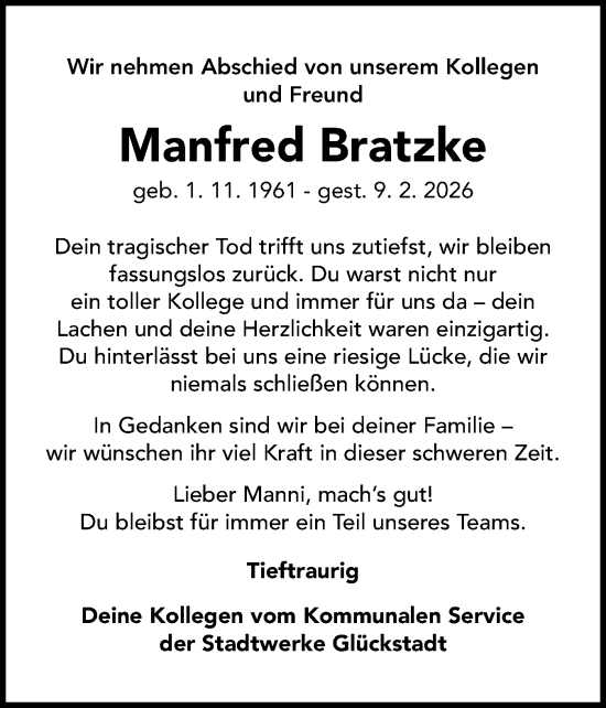 Traueranzeige von Manfred Bratzke von Norddeutsche Rundschau, Wilstersche Zeitung, Glückstädter Fortuna