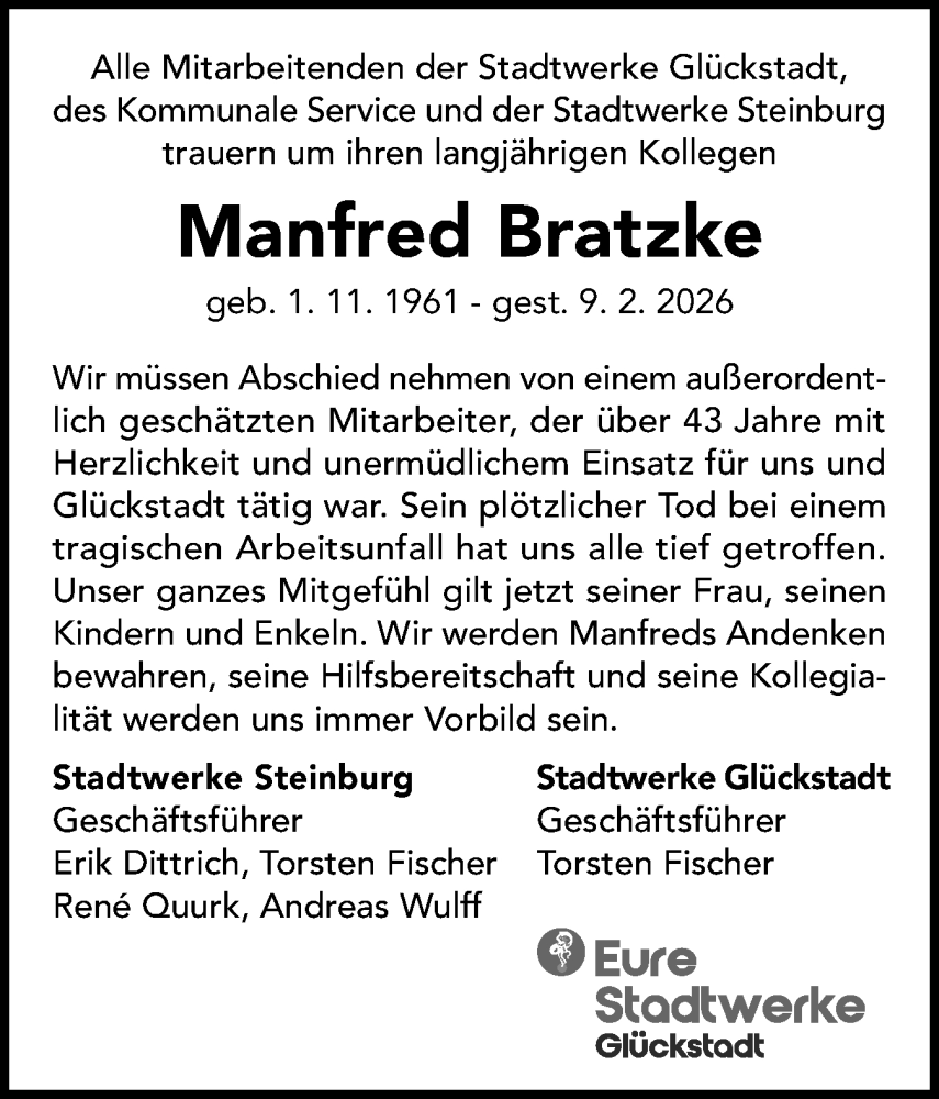 Traueranzeige für Manfred Bratzke vom 21.02.2026 aus Norddeutsche Rundschau, Wilstersche Zeitung, Glückstädter Fortuna
