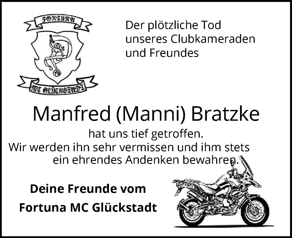  Traueranzeige für Manfred Bratzke vom 21.02.2026 aus Norddeutsche Rundschau, Wilstersche Zeitung, Glückstädter Fortuna