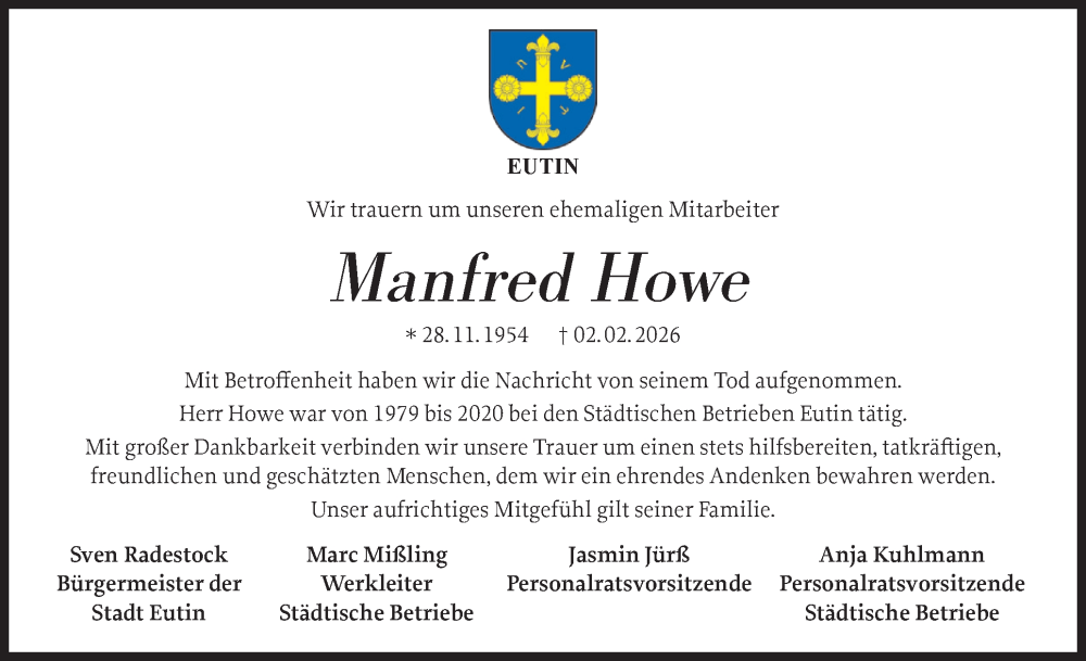 Traueranzeige für Manfred Howe vom 17.02.2026 aus Ostholsteiner Anzeiger