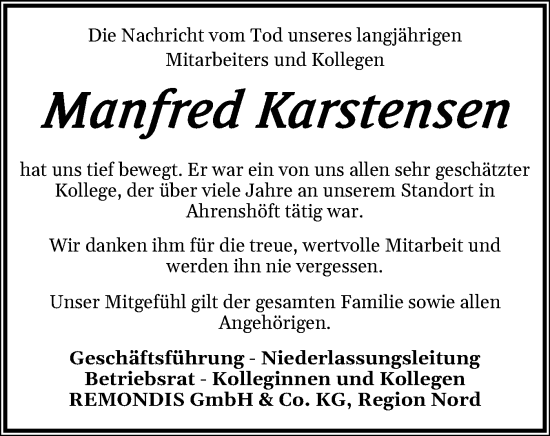 Traueranzeige von Manfred Karstensen von Husumer Nachrichten, Nordfriesland Tageblatt