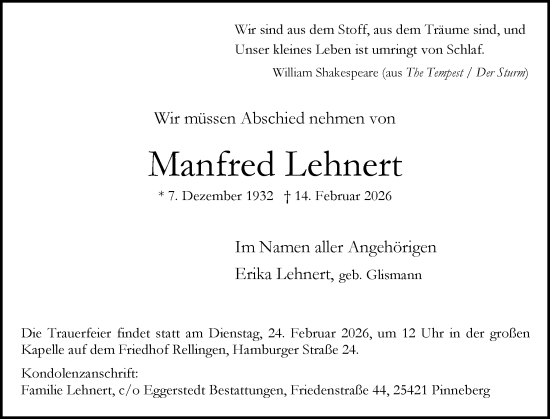 Traueranzeige von Manfred Lehnert von Region Pinneberg und tip Pinneberg