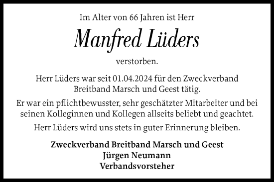 Traueranzeige von Manfred Lüders von Uetersener Nachrichten, Der tip am Wochenende