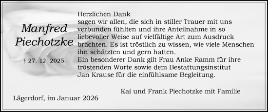 Traueranzeige von Manfred Piechotzke von Norddeutsche Rundschau, Wilstersche Zeitung, Glückstädter Fortuna