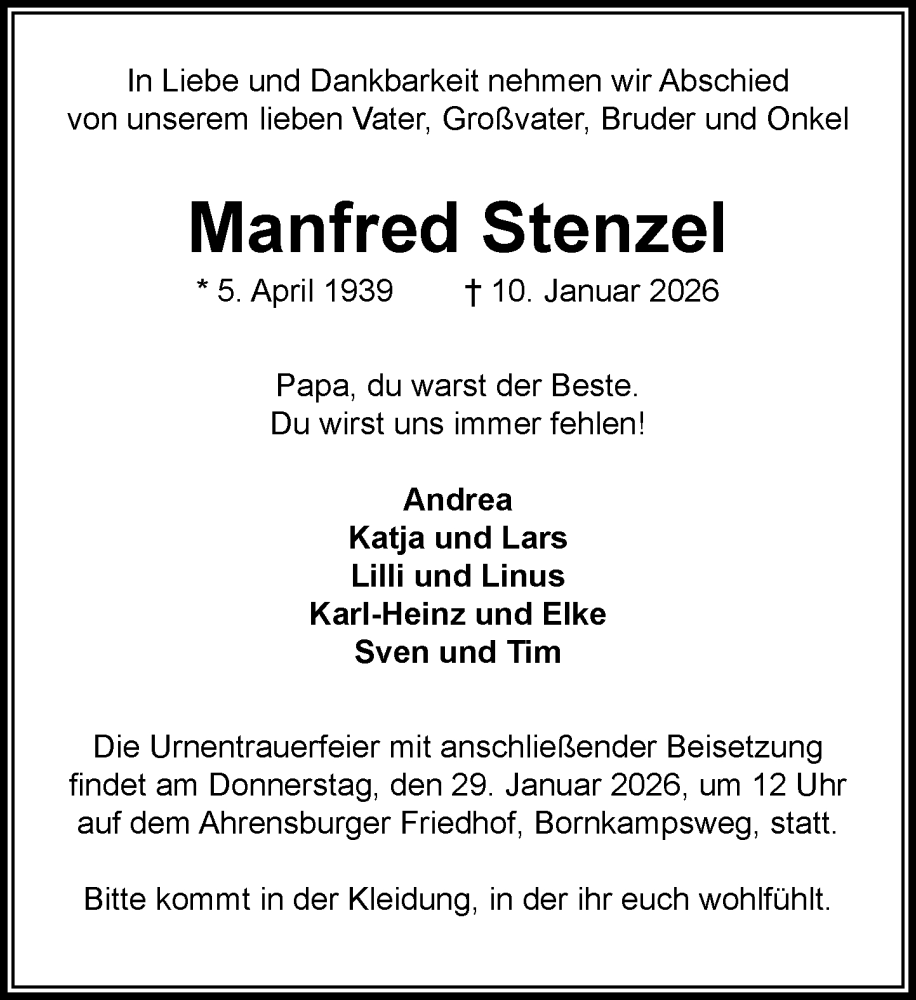  Traueranzeige für Manfred Stenzel vom 24.01.2026 aus MARKT Ahrensburg/Bargteheide/Trittau und Stormarner Tageblatt