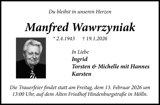 Traueranzeige von Manfred Wawrzyniak von MARKT Ratzeburg/Mölln