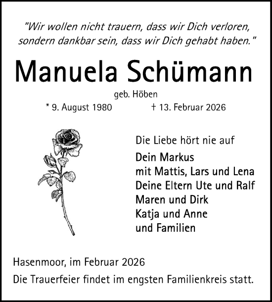 Traueranzeige von Manuela Schümann von Region Pinneberg und tip Pinneberg