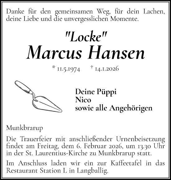 Traueranzeige von Marcus Hansen 