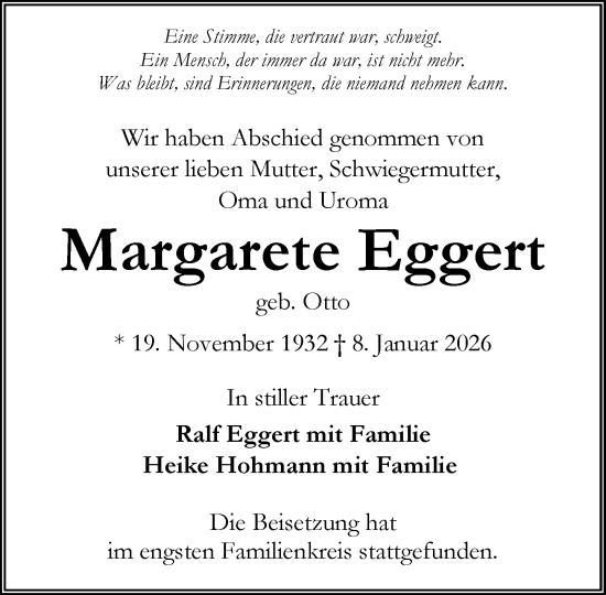 Traueranzeige von Margarete Eggert von Wochenend Anzeiger