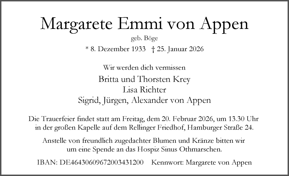  Traueranzeige für Margarete Emmi von Appen vom 14.02.2026 aus Elmshorner Nachrichten, Barmstedter Zeitung