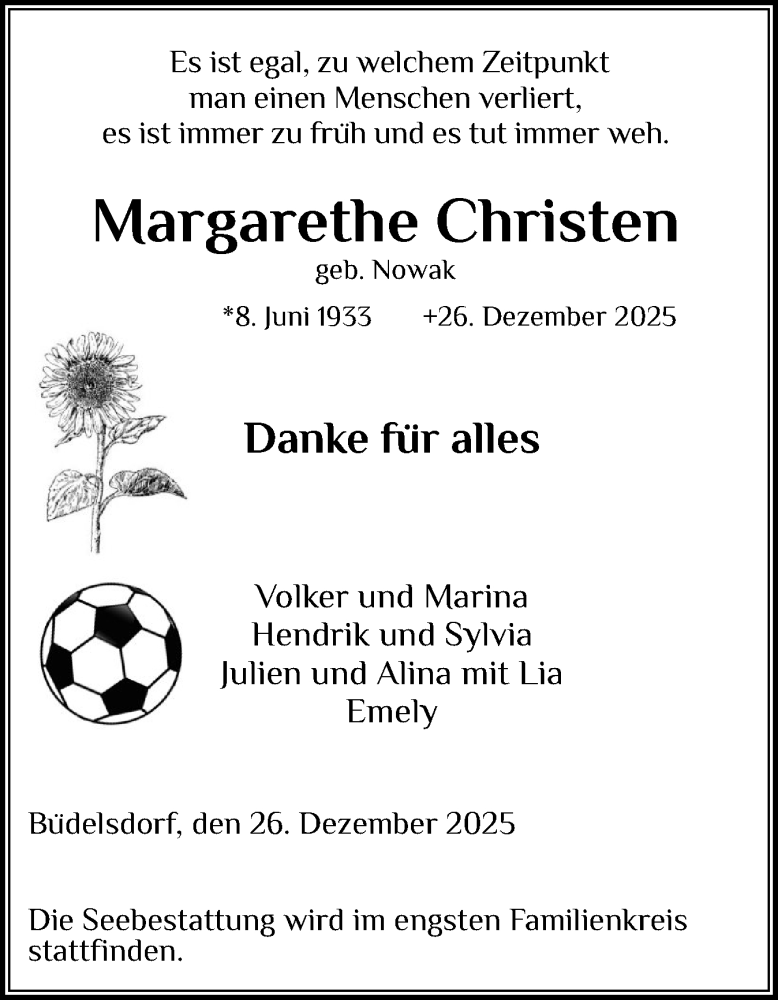  Traueranzeige für Margarethe Christen vom 24.01.2026 aus Schleswig-Holsteinische Landeszeitung