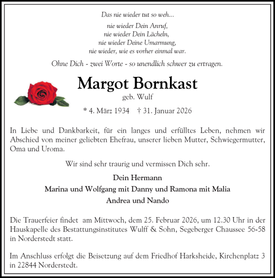 Traueranzeige von Margot Bornkast von Heimatspiegel