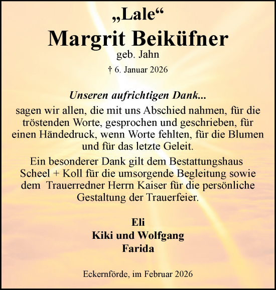 Traueranzeige von Margrit Beiküfner von Eckernförder Zeitung, Hallo Eckernförde