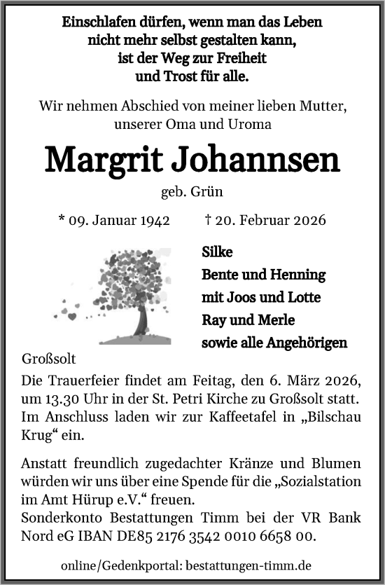 Traueranzeige von Margrit Johannsen von Flensburger Tageblatt, Schleswiger Nachrichten, Schlei-Bote