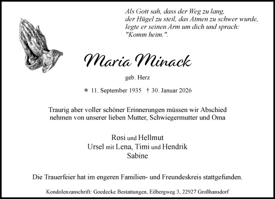 Traueranzeige von Maria Minack von MARKT Ahrensburg/Bargteheide/Trittau und Stormarner Tageblatt