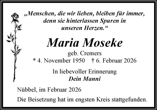 Traueranzeige von Maria Moseke von Schleswig-Holsteinische Landeszeitung