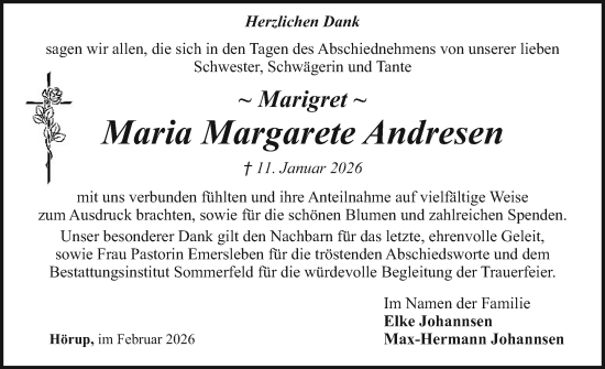 Traueranzeige von Maria Margarete Andresen von Region Flensburg