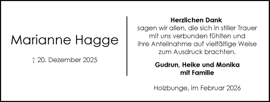 Traueranzeige von Marianne Hagge von Schleswig-Holsteinische Landeszeitung