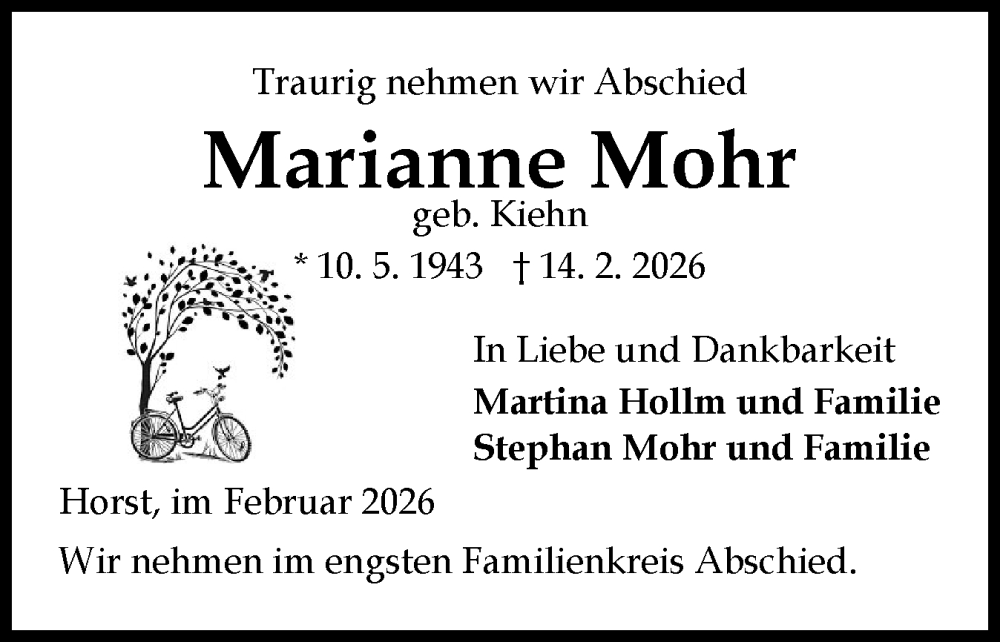  Traueranzeige für Marianne Mohr vom 21.02.2026 aus Elmshorner Nachrichten, Barmstedter Zeitung
