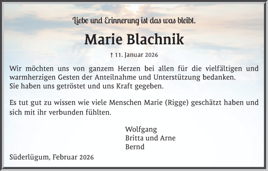 Traueranzeige von Marie Blachnik von Husumer Nachrichten, Nordfriesland Tageblatt