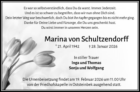 Traueranzeige von Marina von Schultzendorff von MARKT Glinde/Reinfeld
