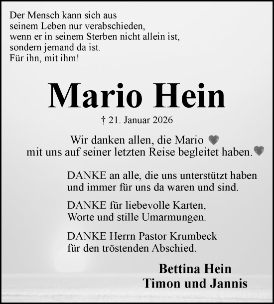 Traueranzeige von Mario Hein von Schleswiger Nachrichten, Schlei-Bote, Eckernförder Zeitung