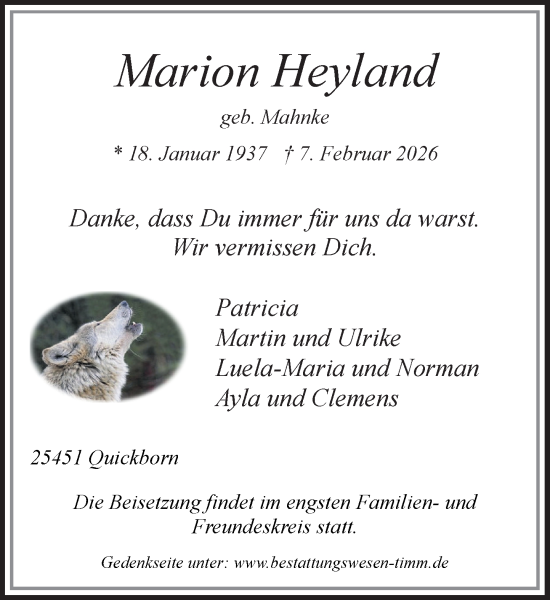 Traueranzeige von Marion Heyland von Umschau