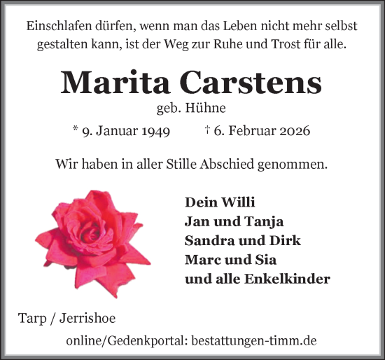 Traueranzeige von Marita Carstens von Flensburger Tageblatt