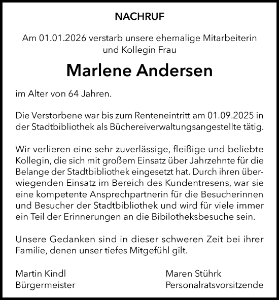 Traueranzeige von Marlene Andersen von Die WochenSchau Nordfriesland