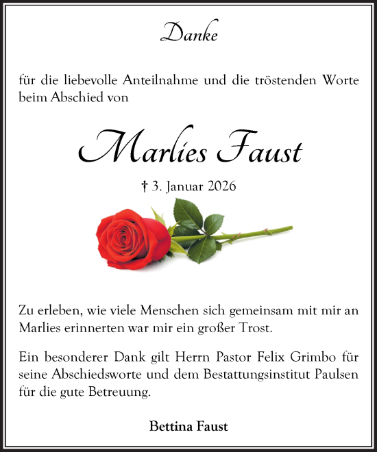 Traueranzeige von Marlies Faust von MARKT Bad Oldesloe/Reinfeld und Stormarner Tageblatt