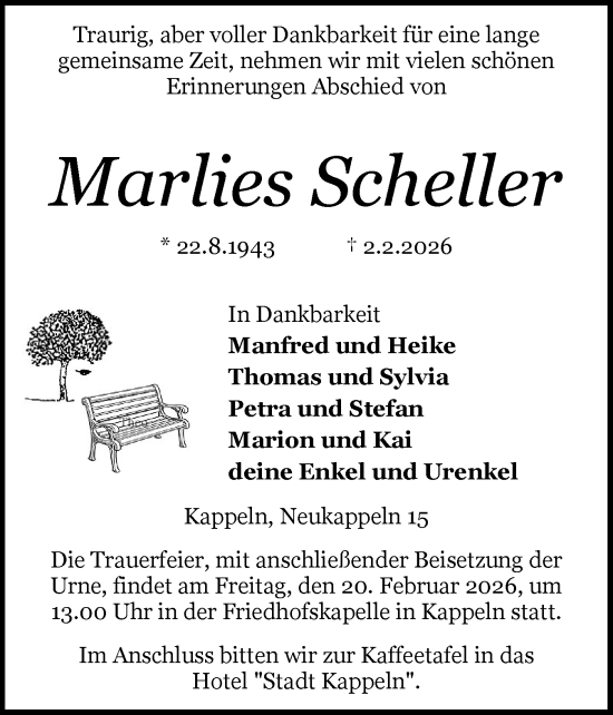 Traueranzeige von Marlies Scheller von Schleswiger Nachrichten, Schlei-Bote