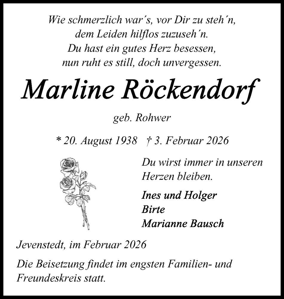  Traueranzeige für Marline Röckendorf vom 14.02.2026 aus Schleswig-Holsteinische Landeszeitung
