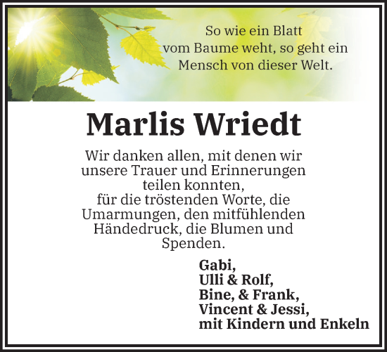 Traueranzeige von Marlis Wriedt von Schleswiger Nachrichten, Schlei-Bote