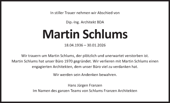 Traueranzeige von Martin Schlums von Region Westküste