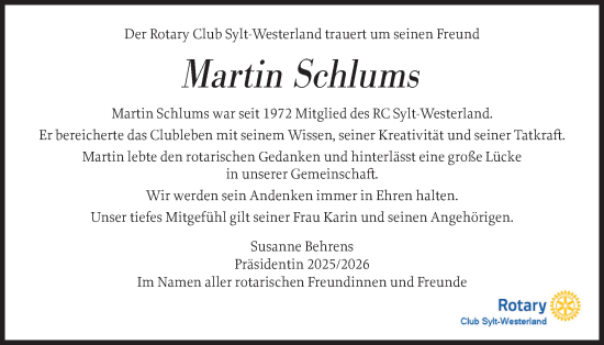 Traueranzeige von Martin Schlums von Sylter Rundschau